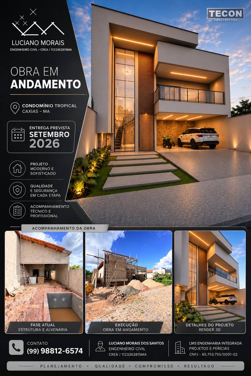 Residência em execução no Condomínio Tropical, em Caxias, com render 3D e registro das fases de obra