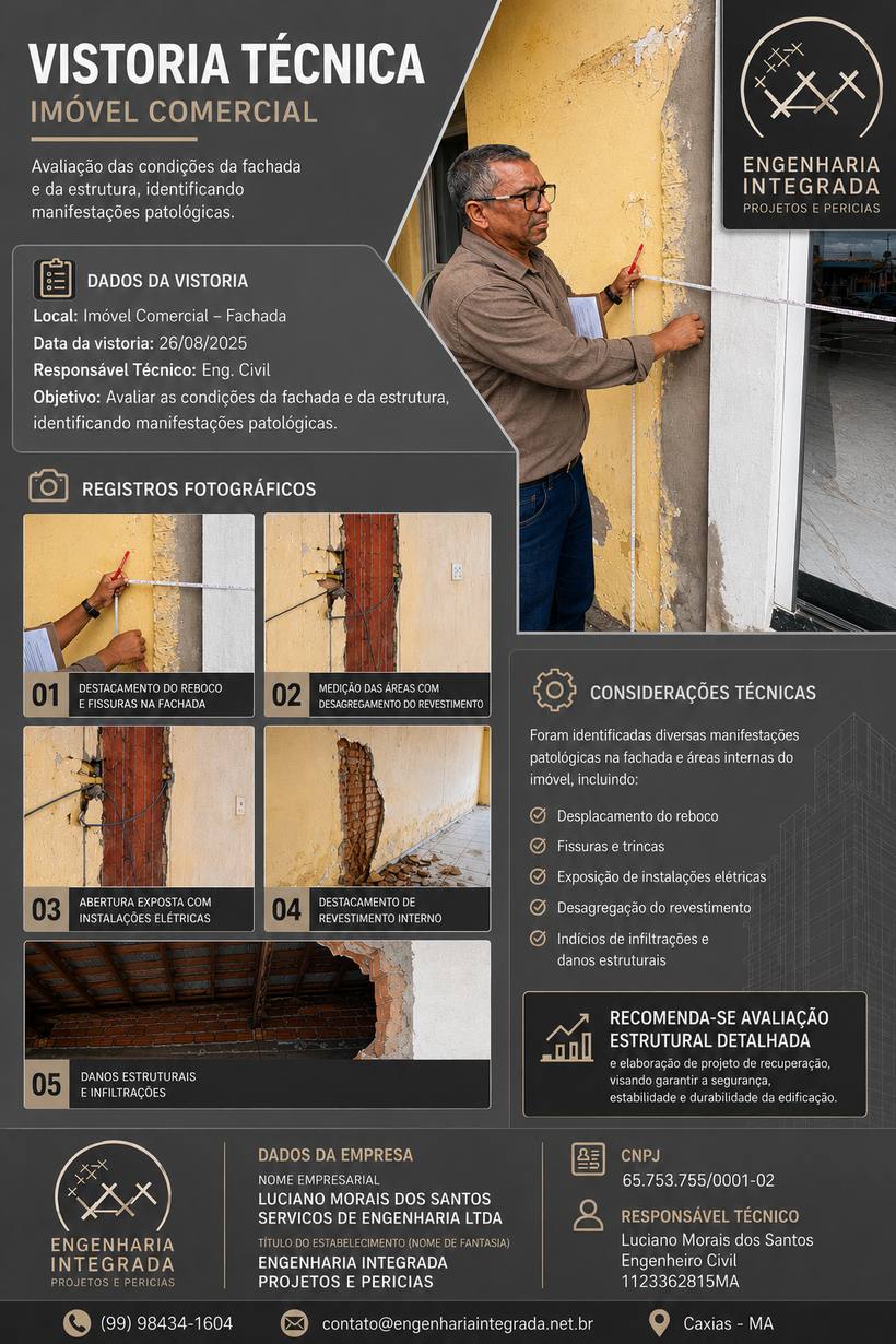 Relatório de vistoria técnica de imóvel comercial com registro fotográfico de manifestações patológicas